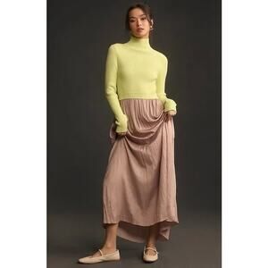 EUC Anthropologie Thea Twofer Sweater Dress Small Yellow Tan Maxi Ribbed Knit S